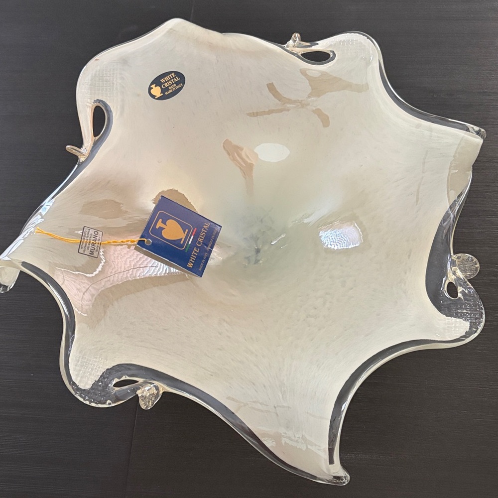Murano-Style Handblown Glass Compote Bowl - Frosted White and Clear